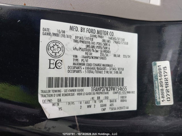 12722751 :رقم المزاد ، 1FAHP37N39W154655 vin ، 2009 Ford Focus Sel مزاد بيع
