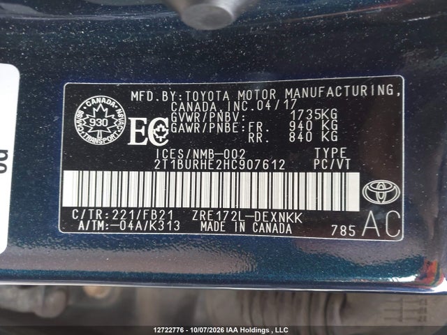 2T1BURHE2HC907612 Toyota COROLLA LE