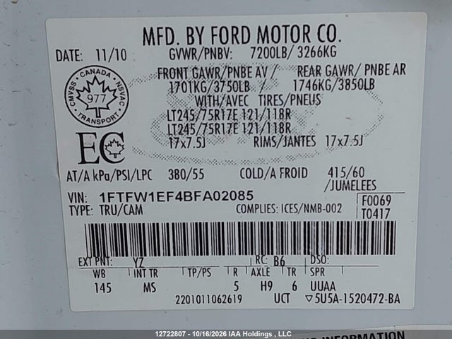 Aukcja sprzedaży 2011 Ford F150 Supercrew, vin: 1FTFW1EF4BFA02085, numer aukcji: 12722807