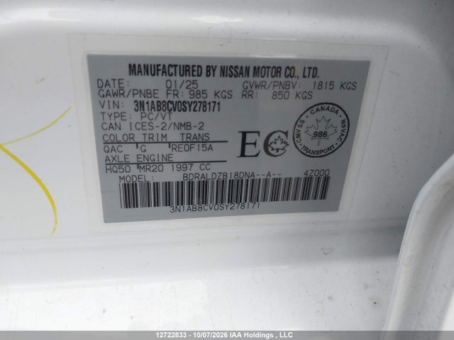 3N1AB8CV0SY278171 Nissan SENTRA SV