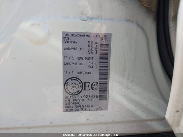 12708363 :رقم المزاد ، 5N1AT2MT3FC923426 vin ، 2015 Nissan Rogue S/sv مزاد بيع