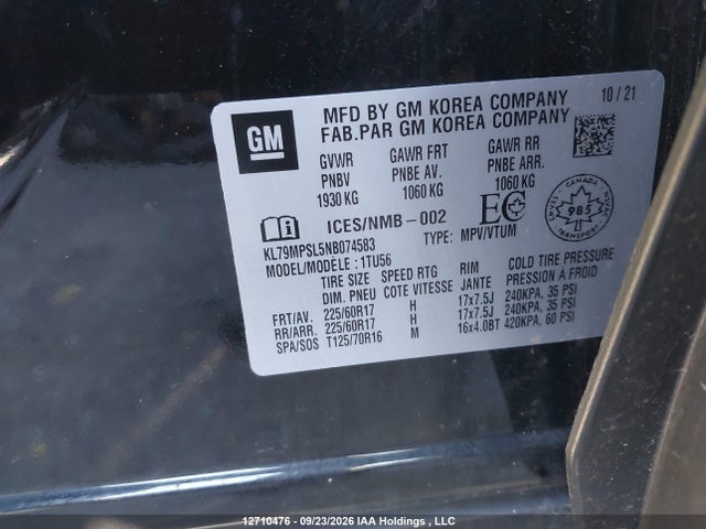 Aukcja sprzedaży 2022 Chevrolet Trailblazer Lt, vin: KL79MPSL5NB074583, numer aukcji: 12710476