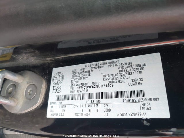 2022 Ford Escape S მანქანა იყიდება აუქციონზე, vin: 1FMCU9F62NUB71409, აუქციონის ნომერი: 12722840
