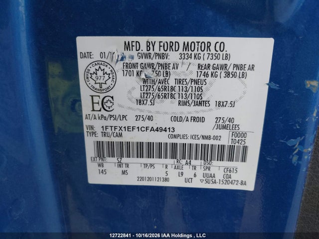 Aukcja sprzedaży 2012 Ford F-150 Xlt, vin: 1FTFX1EF1CFA49413, numer aukcji: 12722841