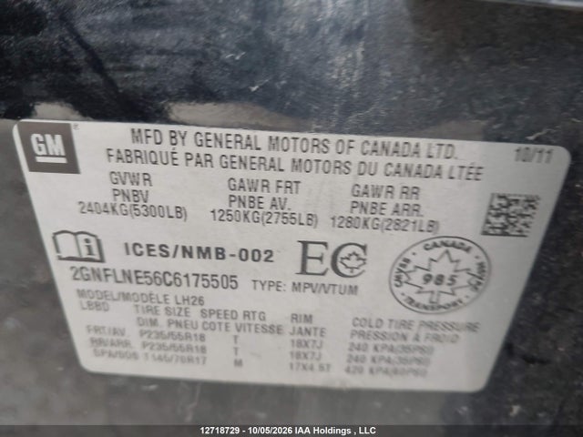 Продажа на аукционе авто 2012 Chevrolet Equinox 2lt, vin: 2GNFLNE56C6175505, номер лота: 12718729