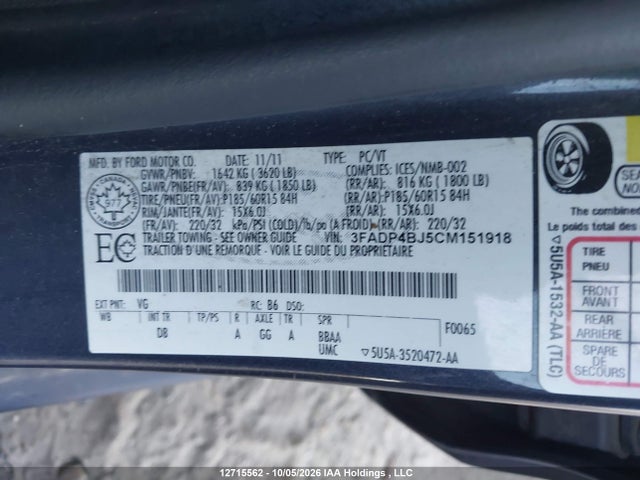 2012 Ford Fiesta Se მანქანა იყიდება აუქციონზე, vin: 3FADP4BJ5CM151918, აუქციონის ნომერი: 12715562