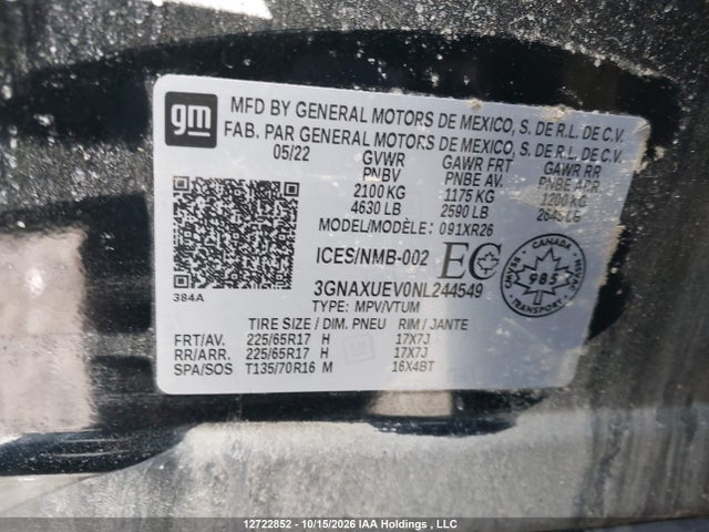 12722852 :رقم المزاد ، 3GNAXUEV0NL244549 vin ، 2022 Chevrolet Equinox Lt مزاد بيع