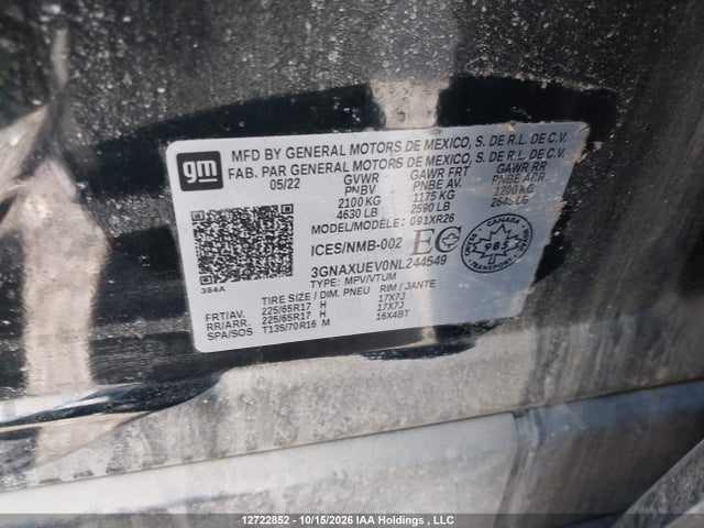 12722852 :رقم المزاد ، 3GNAXUEV0NL244549 vin ، 2022 Chevrolet Equinox Lt مزاد بيع