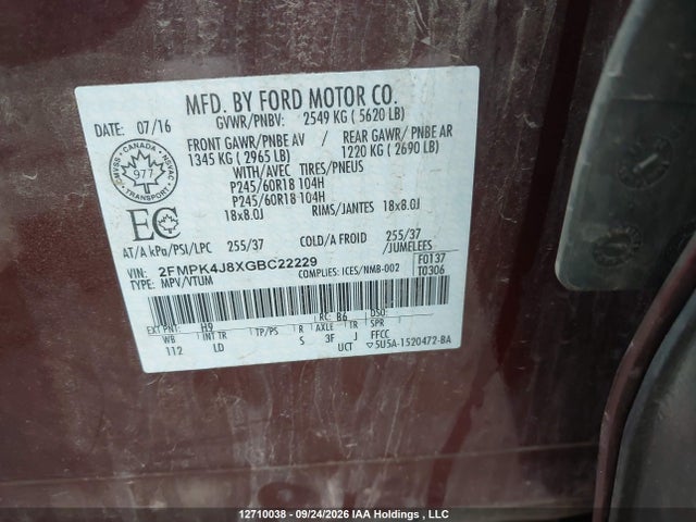 Aukcja sprzedaży 2016 Ford Edge Sel, vin: 2FMPK4J8XGBC22229, numer aukcji: 12710038