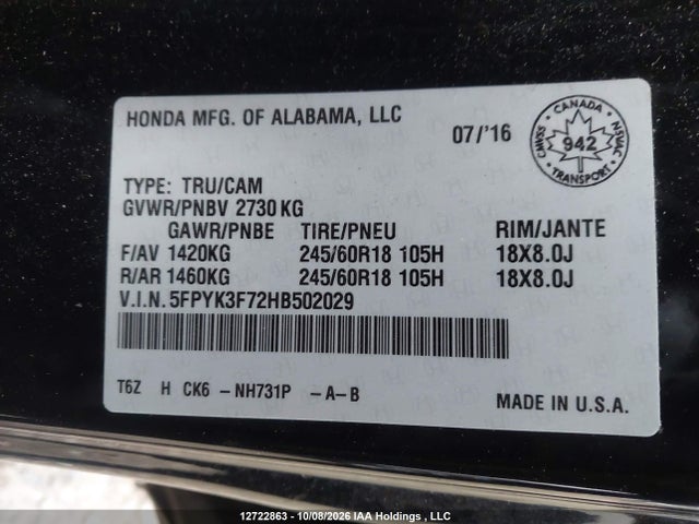 2017 Honda Ridgeline Rt მანქანა იყიდება აუქციონზე, vin: 5FPYK3F72HB502029, აუქციონის ნომერი: 12722863