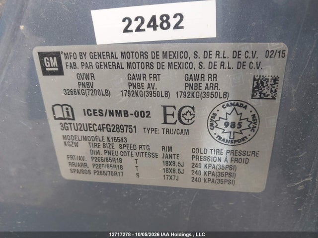 12717278 :رقم المزاد ، 3GTU2UEC4FG289751 vin ، 2015 Gmc Sierra 1500 Sle مزاد بيع