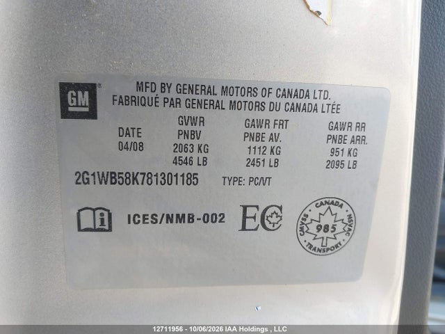 Продаж на аукціоні авто 2008 Chevrolet Impala Ls, vin: 2G1WB58K781301185, номер лоту: 12711956