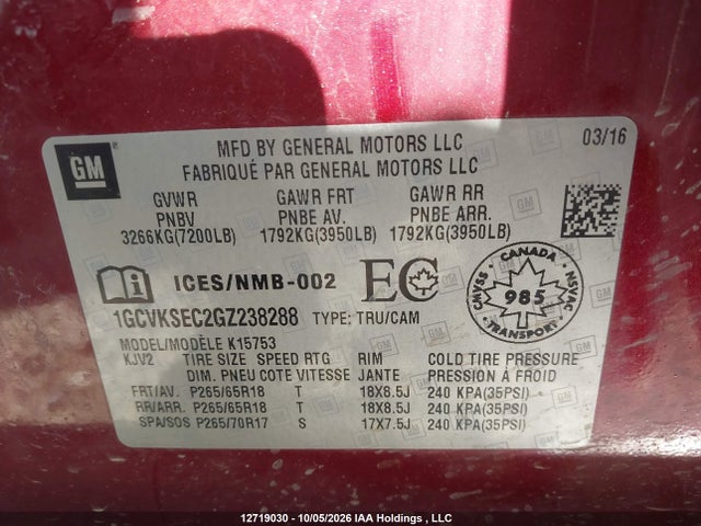 Продаж на аукціоні авто 2016 Chevrolet Silverado 1500 1lz, vin: 1GCVKSEC2GZ238288, номер лоту: 12719030