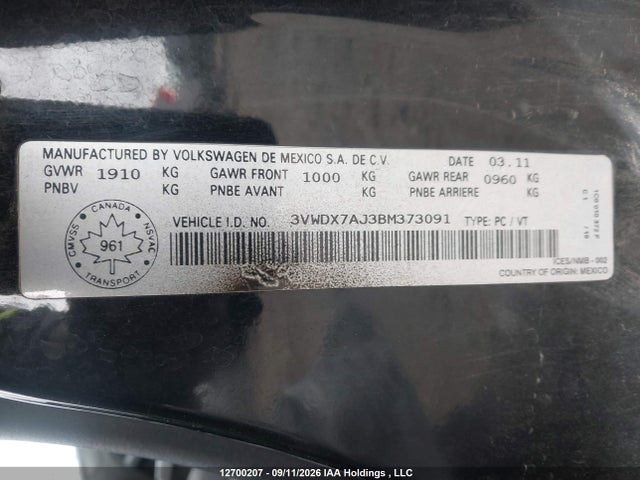 Продаж на аукціоні авто 2011 Volkswagen Jetta 2.5l Comfortline/2.5l Sportline, vin: 3VWDX7AJ3BM373091, номер лоту: 12700207
