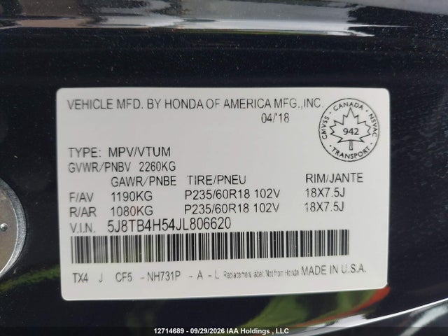Продаж на аукціоні авто 2018 Acura Rdx Tech, vin: 5J8TB4H54JL806620, номер лоту: 12714689