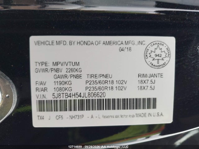 Продаж на аукціоні авто 2018 Acura Rdx Tech, vin: 5J8TB4H54JL806620, номер лоту: 12714689