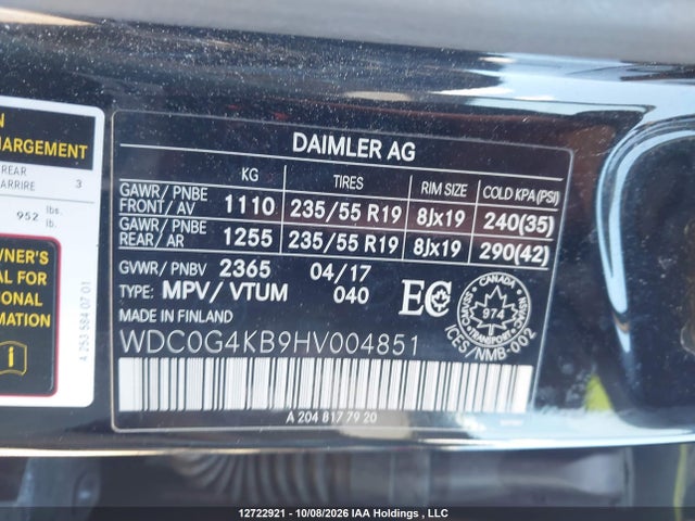 2017 Mercedes-benz Glc 300 4matic მანქანა იყიდება აუქციონზე, vin: WDC0G4KB9HV004851, აუქციონის ნომერი: 12722921