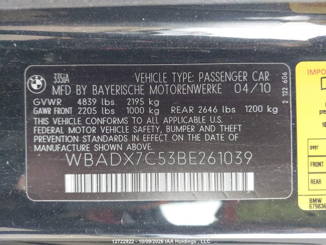 2011 Bmw 335 I მანქანა იყიდება აუქციონზე, vin: WBADX7C53BE261039, აუქციონის ნომერი: 12722922