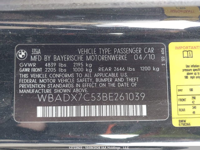 2011 Bmw 335 I მანქანა იყიდება აუქციონზე, vin: WBADX7C53BE261039, აუქციონის ნომერი: 12722922