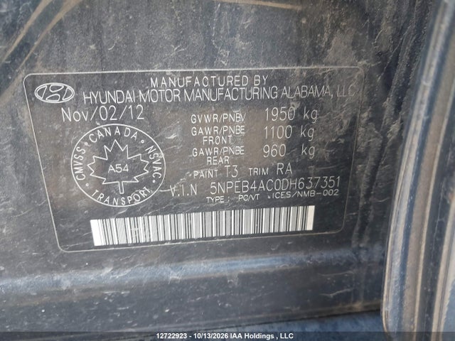 Продаж на аукціоні авто 2013 Hyundai Sonata Gls, vin: 5NPEB4AC0DH637351, номер лоту: 12722923
