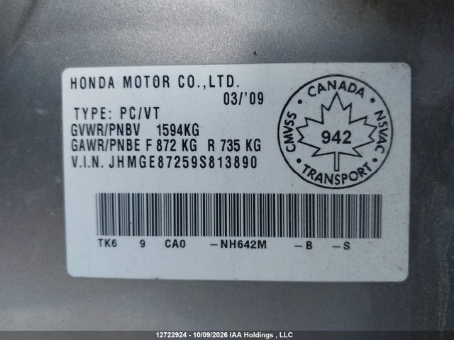 Aukcja sprzedaży 2009 Honda Fit, vin: JHMGE87259S813890, numer aukcji: 12722924