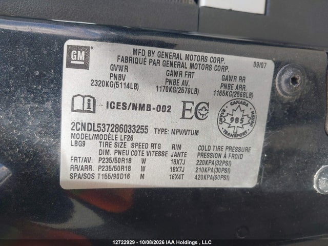 12722929 :رقم المزاد ، 2CNDL537286033255 vin ، 2008 Chevrolet Equinox مزاد بيع