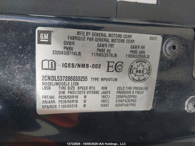 12722929 :رقم المزاد ، 2CNDL537286033255 vin ، 2008 Chevrolet Equinox مزاد بيع