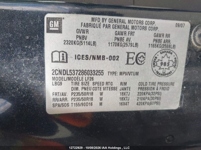 12722929 :رقم المزاد ، 2CNDL537286033255 vin ، 2008 Chevrolet Equinox مزاد بيع