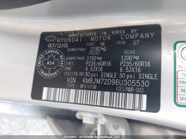 12722931 :رقم المزاد ، KM8JM72D96U305530 vin ، 2006 Hyundai Tucson مزاد بيع