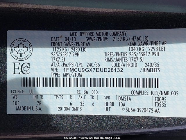 Продаж на аукціоні авто 2013 Ford Escape Se, vin: 1FMCU9GX7DUD28132, номер лоту: 12722935