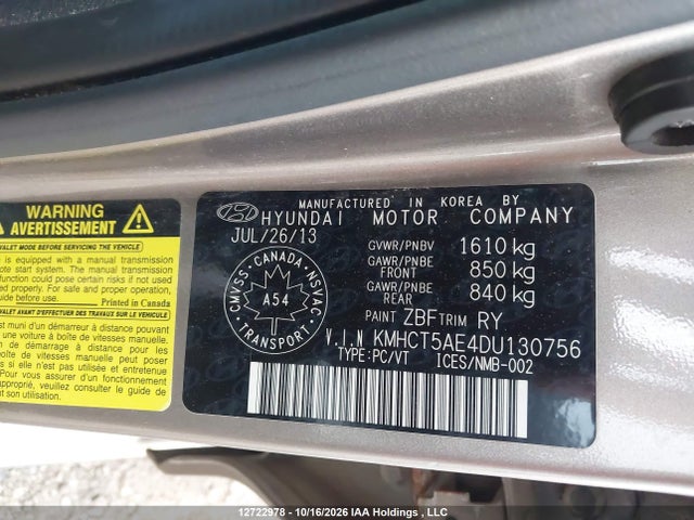 12722978 :رقم المزاد ، KMHCT5AE4DU130756 vin ، 2013 Hyundai Accent Gl مزاد بيع