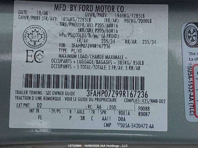 Продаж на аукціоні авто 2009 Ford Fusion Se, vin: 3FAHP07Z99R167236, номер лоту: 12722980