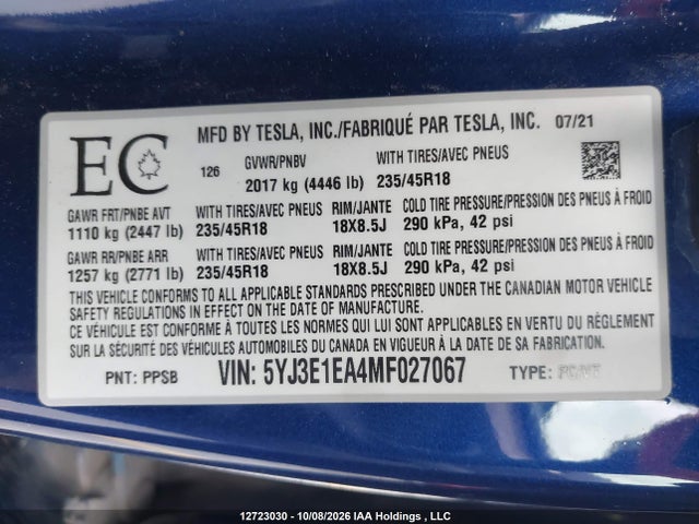 5YJ3E1EA4MF027067 Tesla MODEL 3
