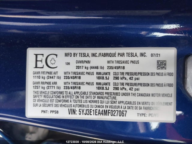 5YJ3E1EA4MF027067 Tesla MODEL 3