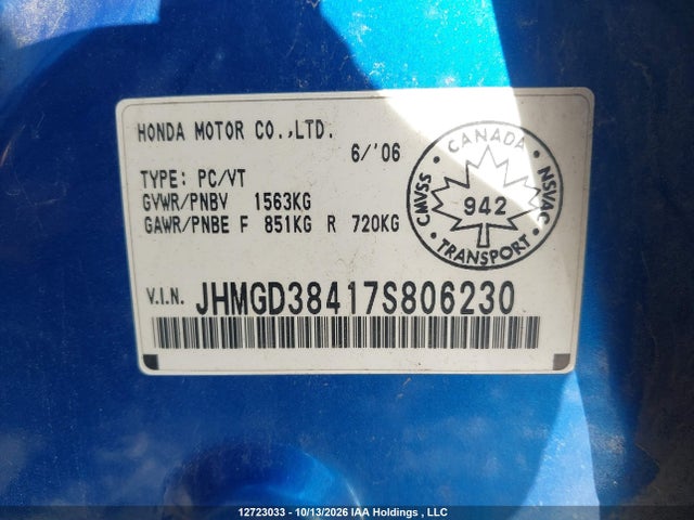 12723033 :رقم المزاد ، JHMGD38417S806230 vin ، 2007 Honda Fit مزاد بيع