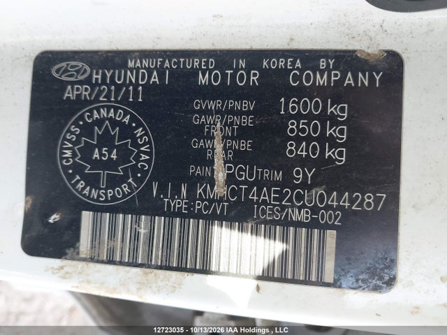 Aukcja sprzedaży 2012 Hyundai Accent, vin: KMHCT4AE2CU044287, numer aukcji: 12723035