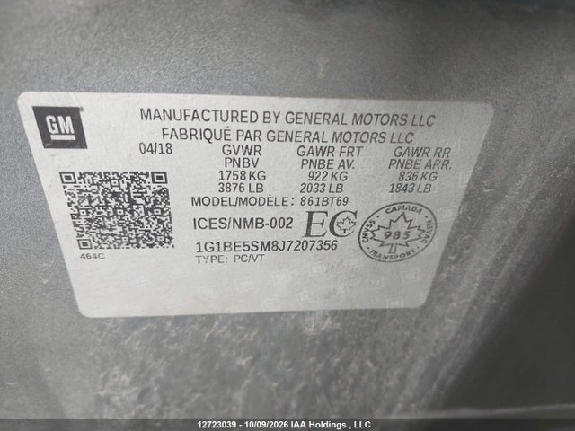 12723039 :رقم المزاد ، 1G1BE5SM8J7207356 vin ، 2018 Chevrolet Cruze مزاد بيع