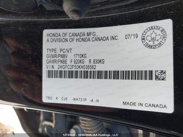 2HGFC2F50KH036562 Honda Civic Lx