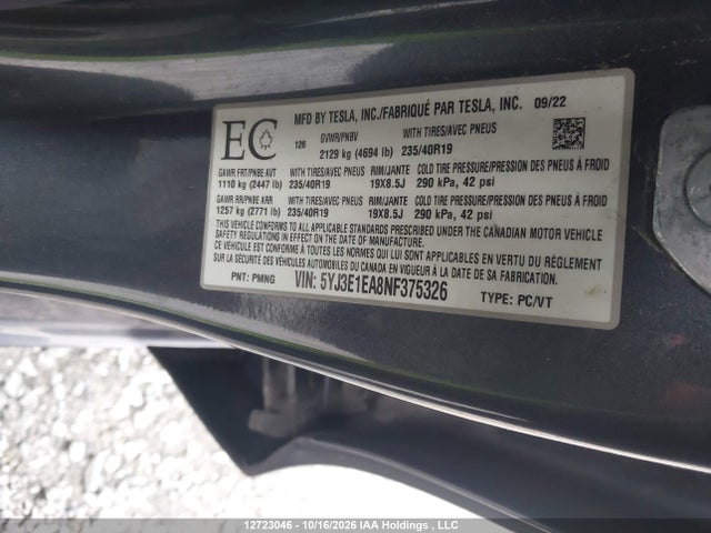 2022 Tesla Model 3 Rwd/standard Range მანქანა იყიდება აუქციონზე, vin: 5YJ3E1EA8NF375326, აუქციონის ნომერი: 12723046