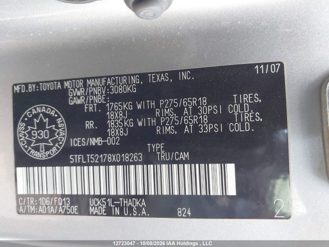 Aukcja sprzedaży 2008 Toyota Tundra, vin: 5TFLT52178X018263, numer aukcji: 12723047