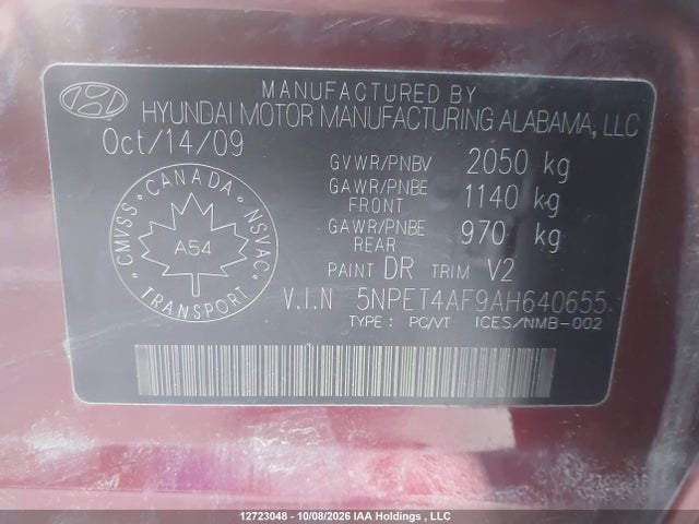 2010 Hyundai Sonata Gls მანქანა იყიდება აუქციონზე, vin: 5NPET4AF9AH640655, აუქციონის ნომერი: 12723048