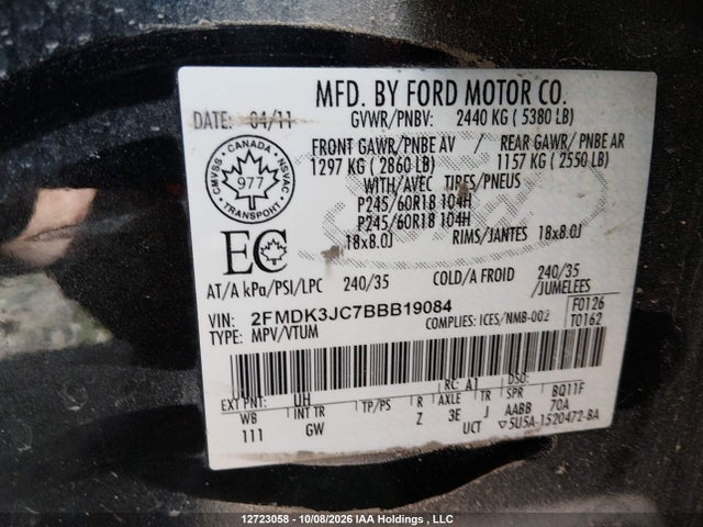 Продаж на аукціоні авто 2011 Ford Edge Sel, vin: 2FMDK3JC7BBB19084, номер лоту: 12723058