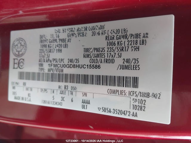 2017 Ford Escape Se მანქანა იყიდება აუქციონზე, vin: 1FMCU0GD8HUC15586, აუქციონის ნომერი: 12723061