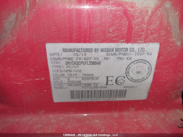 12696445 :رقم المزاد ، 3N1CK3CP5FL208049 vin ، 2015 Nissan Micra S/sr/sv مزاد بيع