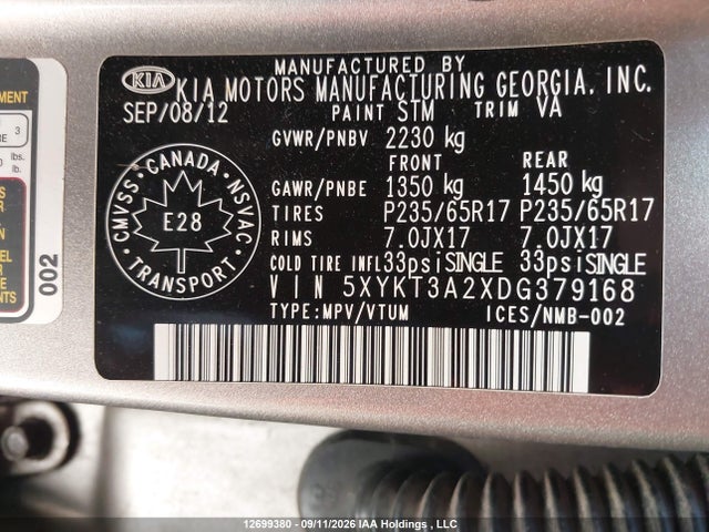 Продаж на аукціоні авто 2013 Kia Sorento Lx V6, vin: 5XYKT3A2XDG379168, номер лоту: 12699380