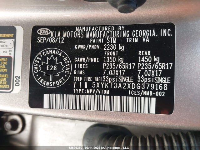 Продаж на аукціоні авто 2013 Kia Sorento Lx V6, vin: 5XYKT3A2XDG379168, номер лоту: 12699380