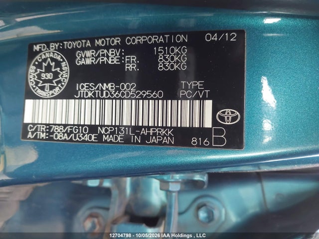 Продаж на аукціоні авто 2012 Toyota Yaris Le, vin: JTDKTUD36CD529560, номер лоту: 12704798