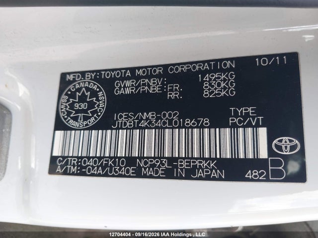Продажа на аукционе авто 2012 Toyota Yaris, vin: JTDBT4K34CL018678, номер лота: 12704404