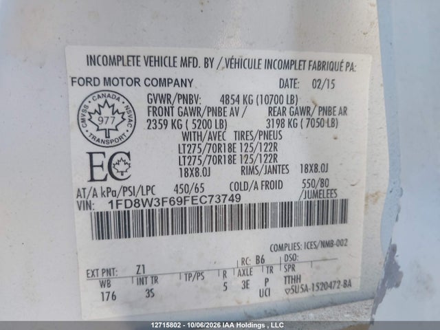 Продажа на аукционе авто 2015 Ford F-350 Chassis Xlt, vin: 1FD8W3F69FEC73749, номер лота: 12715802