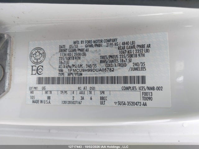 Продаж на аукціоні авто 2013 Ford Escape Sel, vin: 1FMCU9H99DUA05782, номер лоту: 12717443